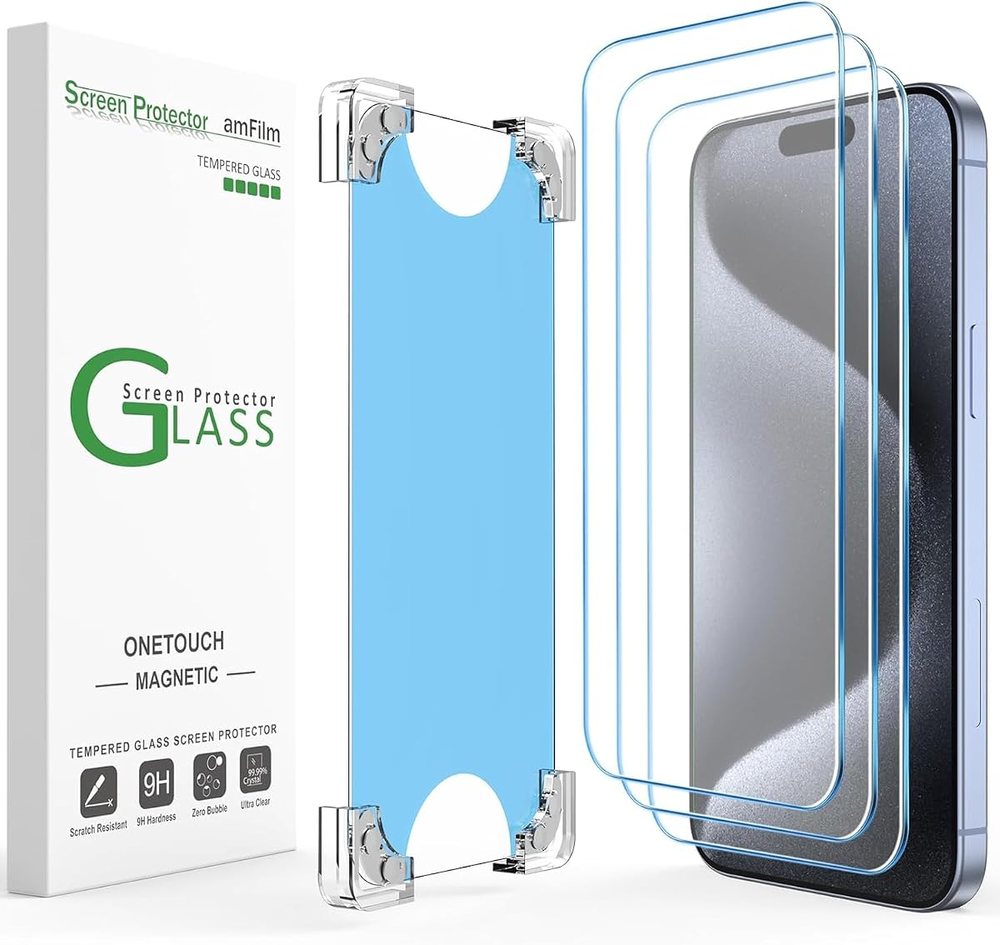 clear tempered glass screen protector for iPhone 15 Pro Max by amFilm